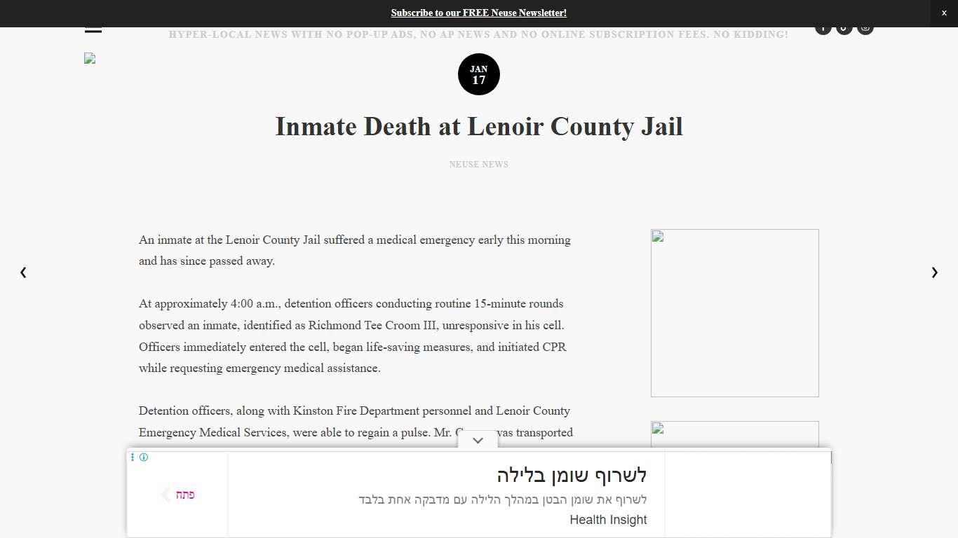 Inmate Death at Lenoir County Jail — Neuse News